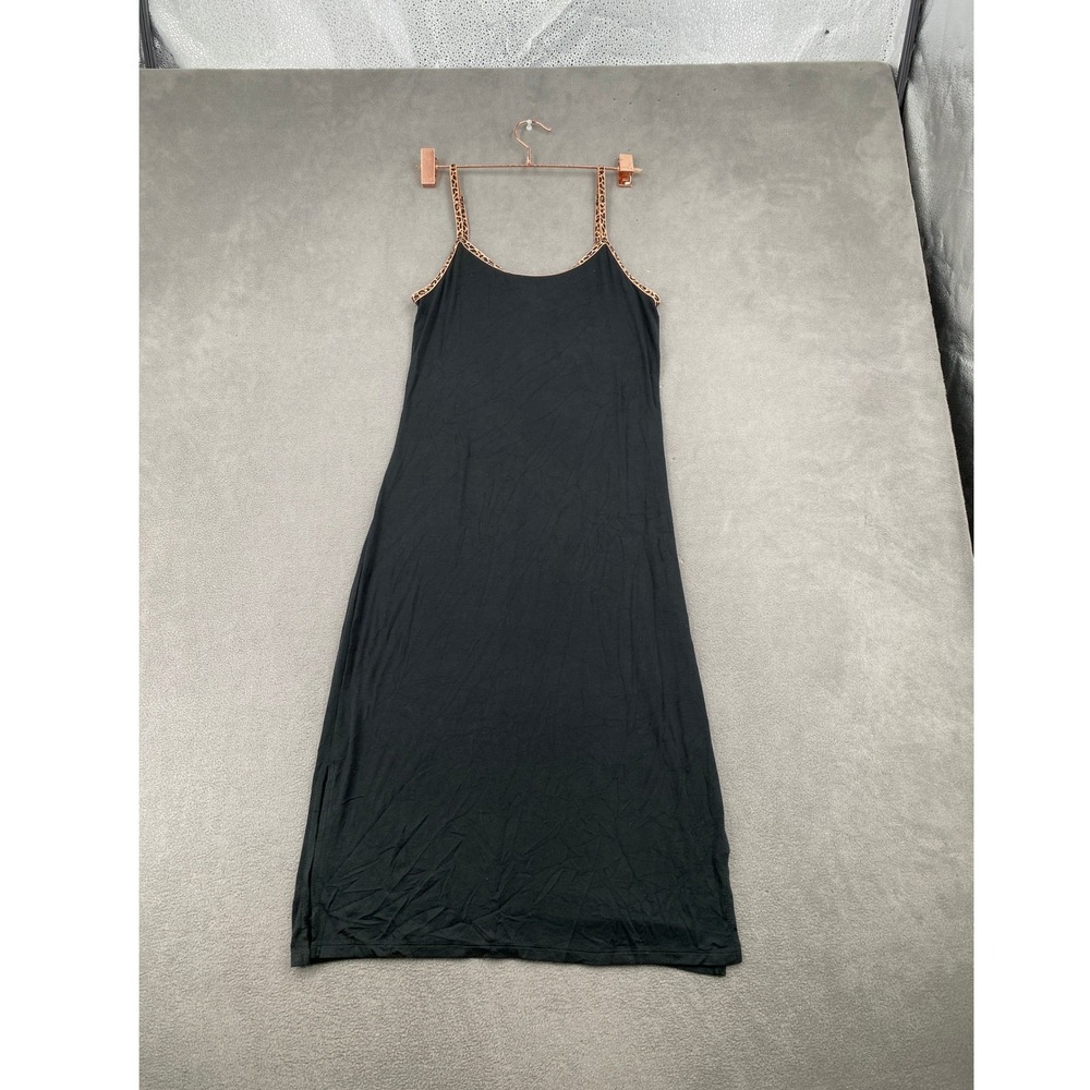 Victorias Secret Black Ribbed Maxi Nightgown Leopard Trim Side Slit S NWT